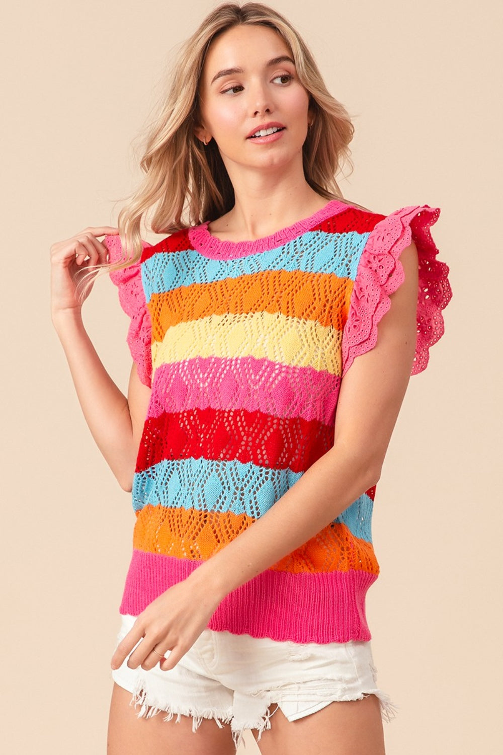 BiBi Pointelle Striped Ruffled Knit Top BiBi Pointelle Striped Ruffled Knit Top